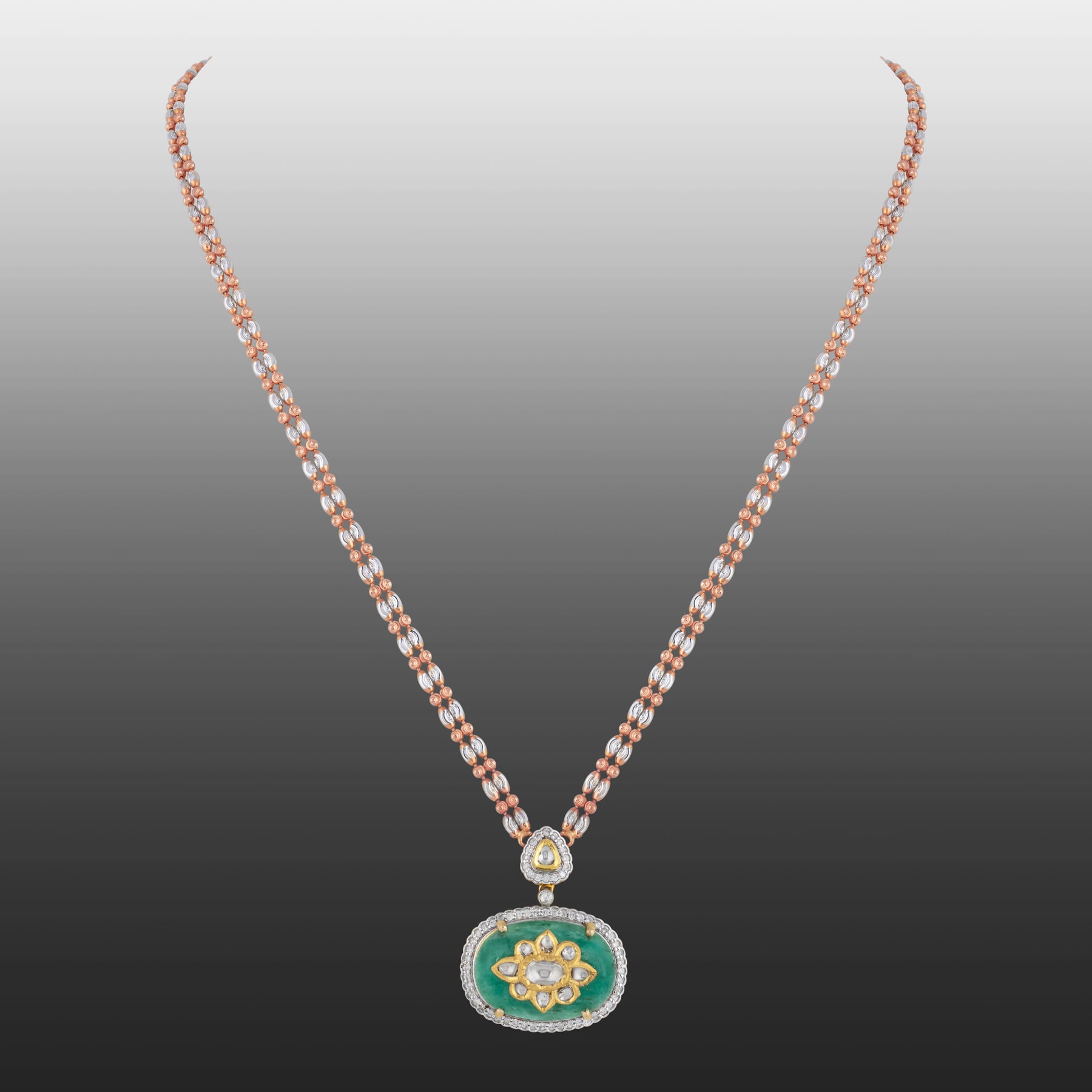Green Stone Jadau Pendant with Diamond Halo and Fusion Chain